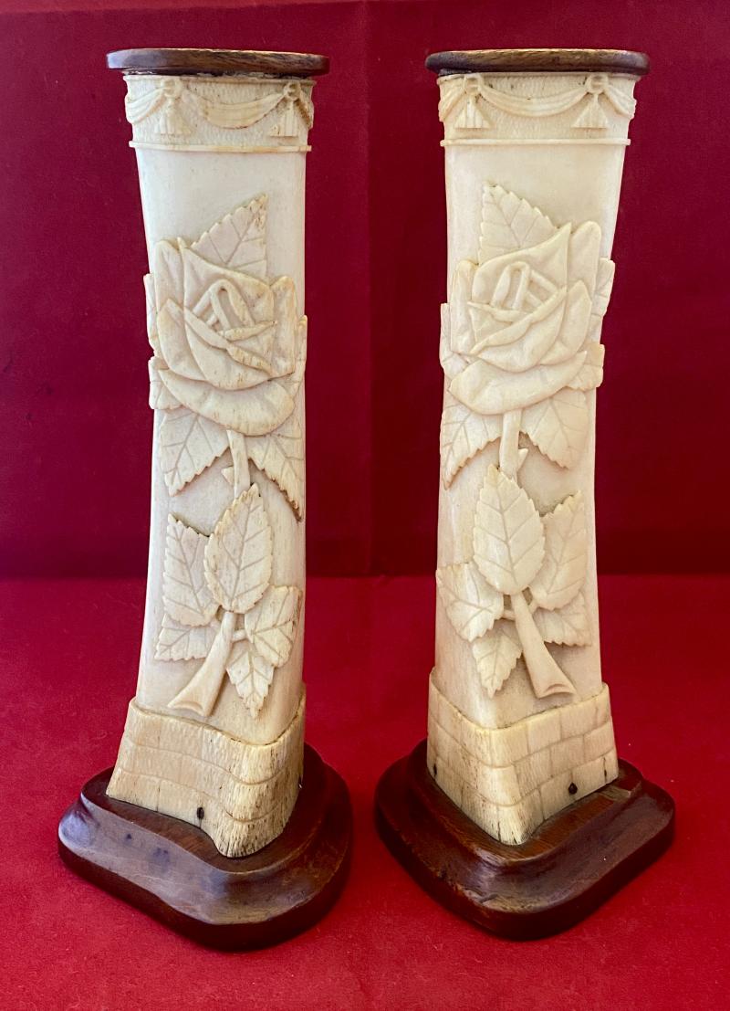Stunning Pair of WW1 German POW 8” Cow Shinbones Carved with Roses - KNOCKALOE -I.O.M. “Legs of Man”