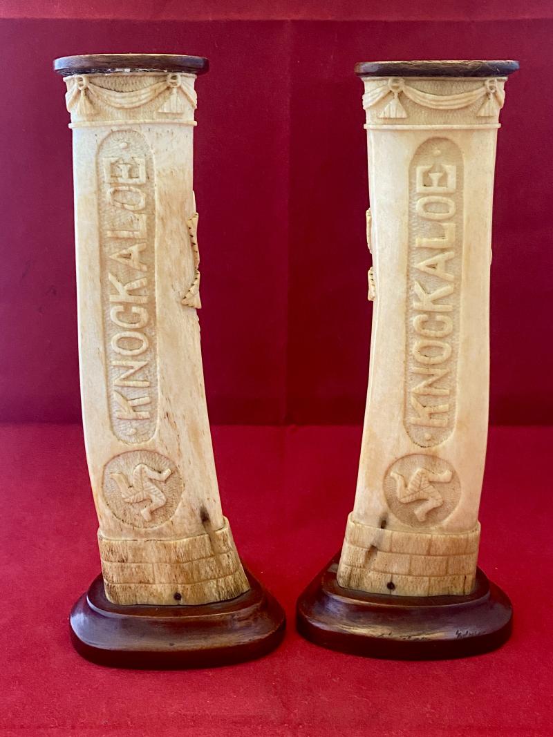 Stunning Pair of WW1 German POW 8” Cow Shinbones Carved with Roses - KNOCKALOE -I.O.M. “Legs of Man”