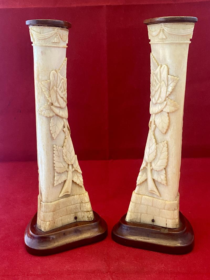 Stunning Pair of WW1 German POW 8” Cow Shinbones Carved with Roses - KNOCKALOE -I.O.M. “Legs of Man”