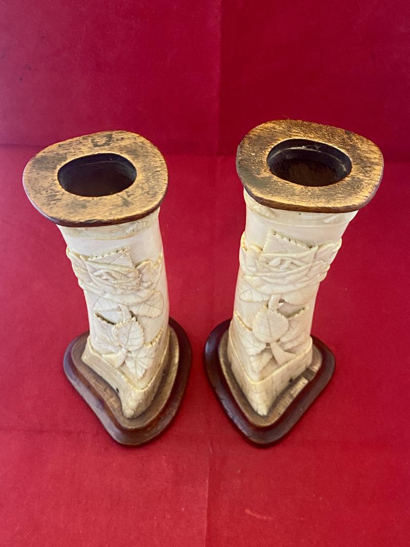 Stunning Pair of WW1 German POW 8” Cow Shinbones Carved with Roses - KNOCKALOE -I.O.M. “Legs of Man”