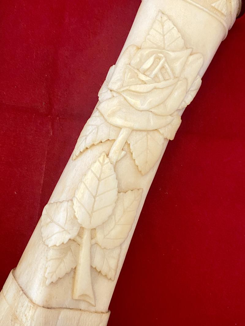 Stunning Pair of WW1 German POW 8” Cow Shinbones Carved with Roses - KNOCKALOE -I.O.M. “Legs of Man”