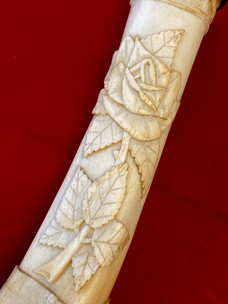 Stunning Pair of WW1 German POW 8” Cow Shinbones Carved with Roses - KNOCKALOE -I.O.M. “Legs of Man”