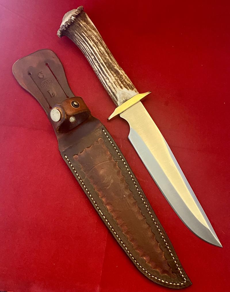 Impressive Bowie Knife with Mint 7.4” Steel Blade and Stag Antler Handle with Custom made Leather Sheath