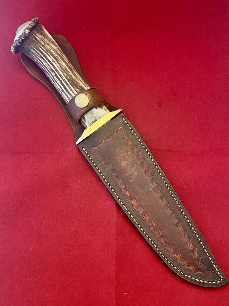 Impressive Bowie Knife with Mint 7.4” Steel Blade and Stag Antler Handle with Custom made Leather Sheath