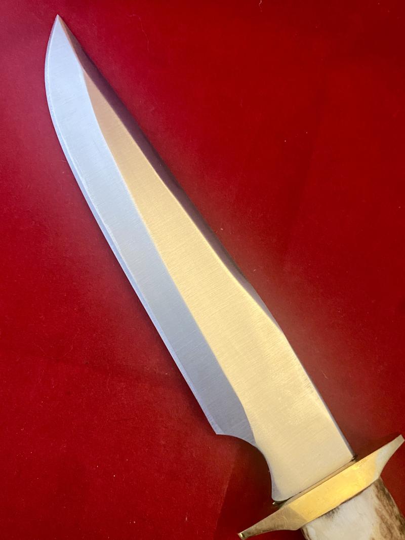 Impressive Bowie Knife with Mint 7.4” Steel Blade and Stag Antler Handle with Custom made Leather Sheath