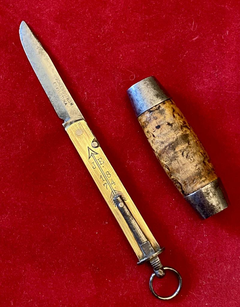 Miniature Antique Swedish Johan Engström of Eskilstuna - Curly Birch Barrel Knife with Concealed Folding Steel Blade