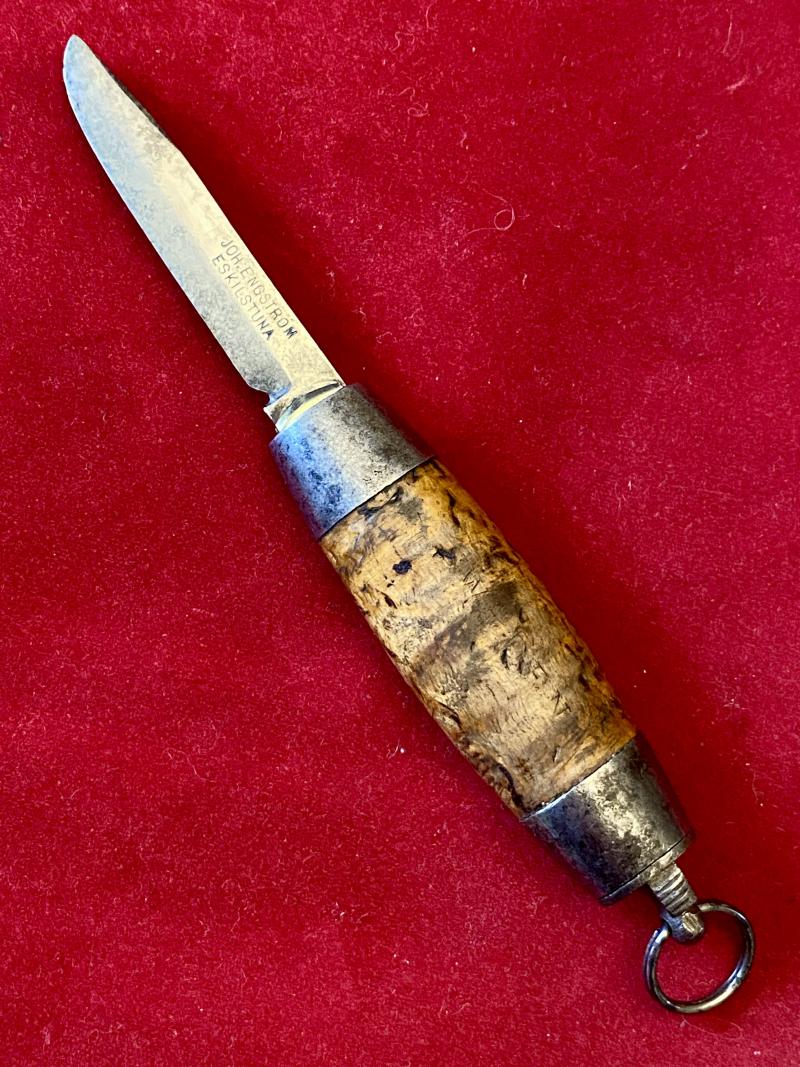 Miniature Antique Swedish Johan Engström of Eskilstuna - Curly Birch Barrel Knife with Concealed Folding Steel Blade