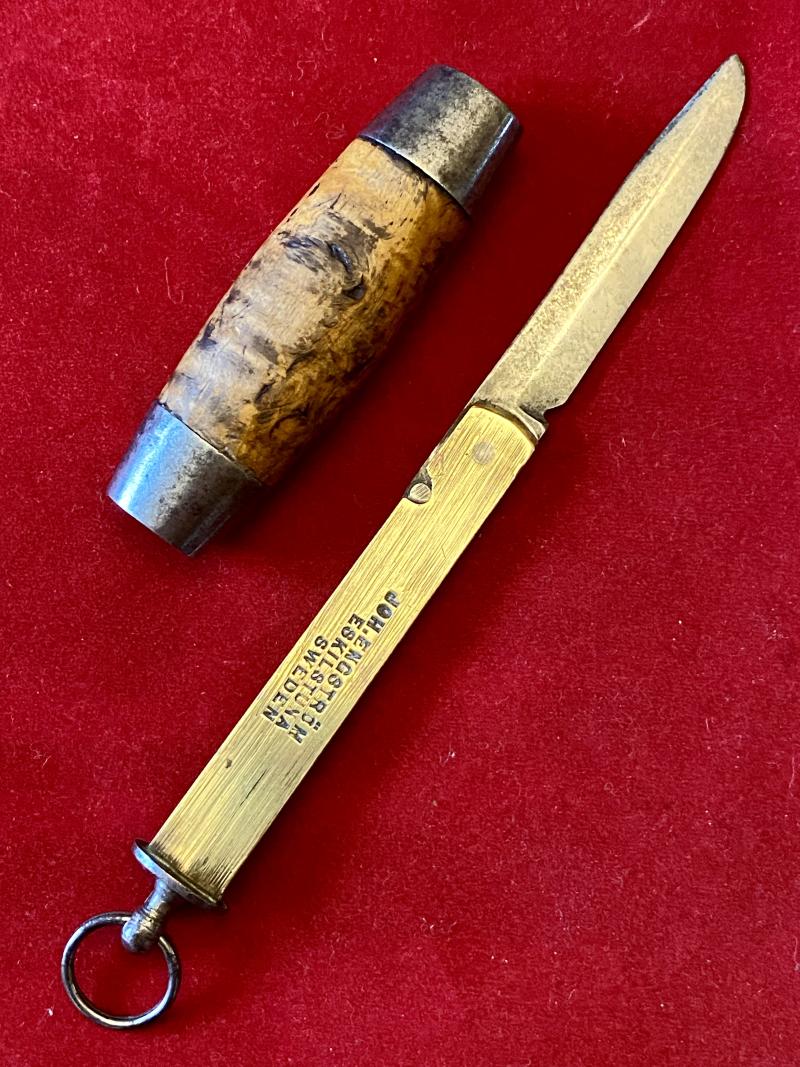 Miniature Antique Swedish Johan Engström of Eskilstuna - Curly Birch Barrel Knife with Concealed Folding Steel Blade