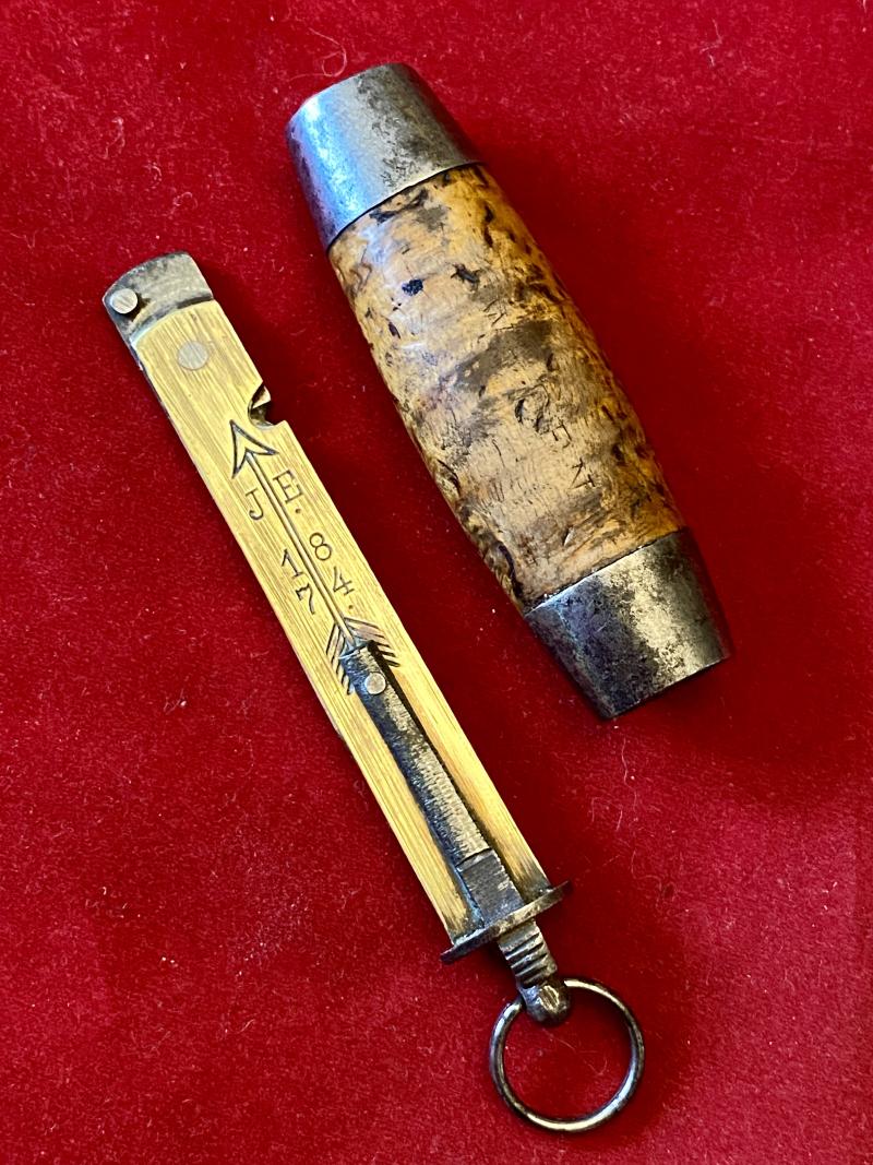 Miniature Antique Swedish Johan Engström of Eskilstuna - Curly Birch Barrel Knife with Concealed Folding Steel Blade