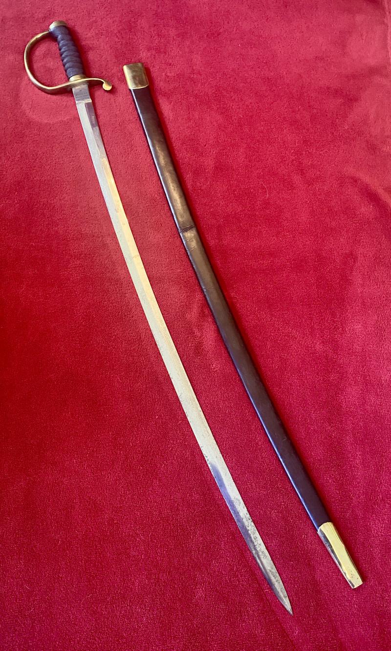 Scarce Handkerchief Cutter Sword with 33” Long Thin Curved Blade and Leather Covered Scabbard by Henry Wilkinson - Engraved with RUDGE Family Crest