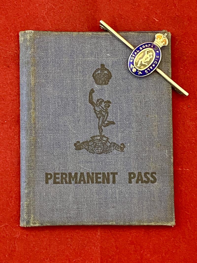Post WW2 Royal Signals Catterick Camp Permanent Pass Booklet and Silver and Enamel Sweetheart Brooch