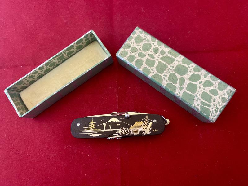 Mint in Box Japanese K24 Komai Damascene Mt Fuji Gold and Silver Inlay - Shakudo Multi-Function Pocket Knife with Original Box