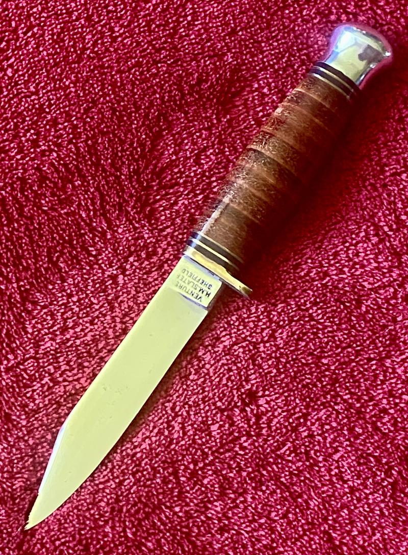 Mint Small VENTURE Bowie Knife with 3” Blade and Stacked Leather Grip by H.M. Slater of Sheffield