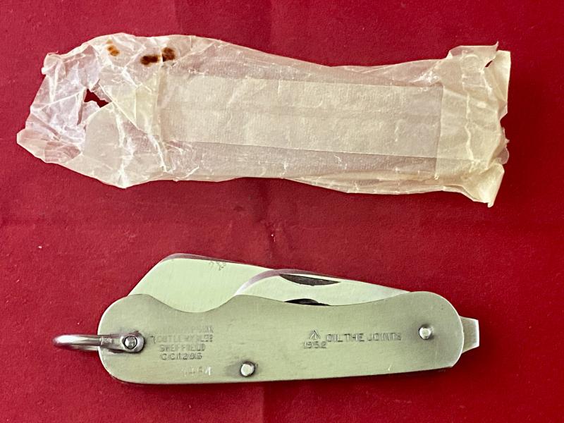 Vintage Unused British Army Folding Two-Piece Stainless Steel Clasp or Jack Knife Dated 1952 with Original Waxed Paper Wrapping