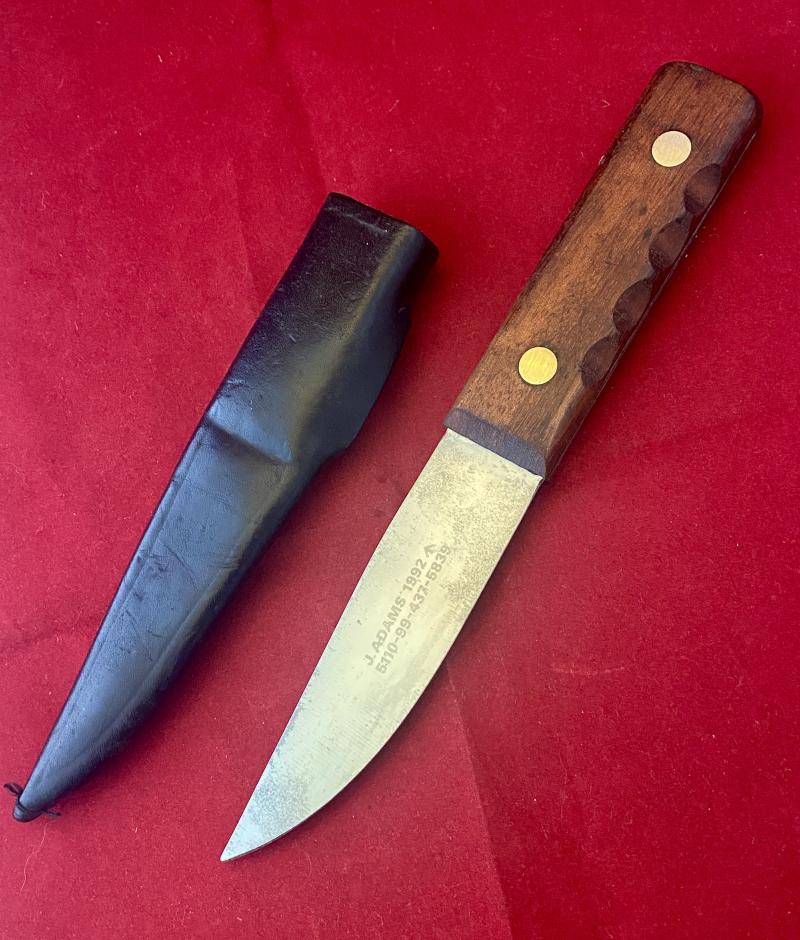 Vintage British Royal Navy Deck Knife with Leather Sheath by J. ADAMS dated 1992