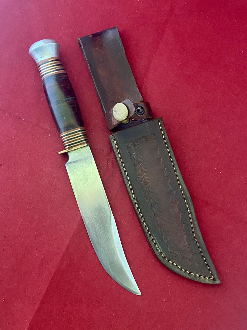 Vintage Hunting Bowie Knife by FAGAN with Stacked Leather Grip and New Handmade Leather Sheath