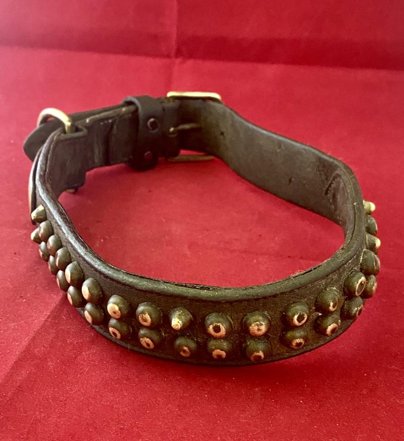 Large Antique Leather Dog Collar with Pointed Brass Studs and Blank Name Plaque