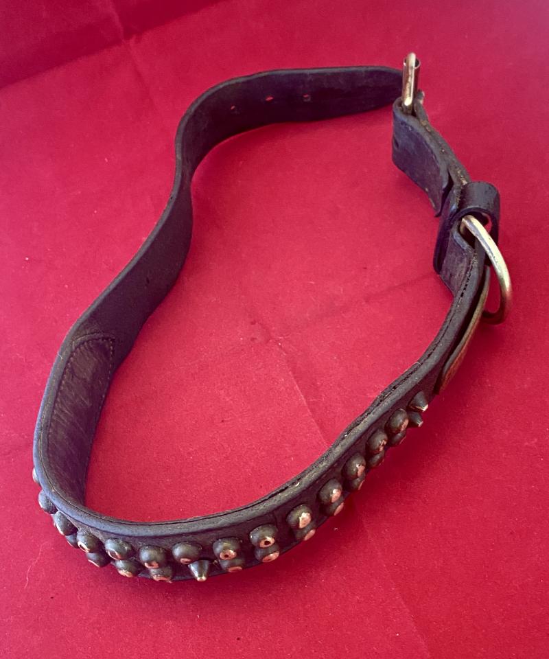 Large Antique Leather Dog Collar with Pointed Brass Studs and Blank Name Plaque