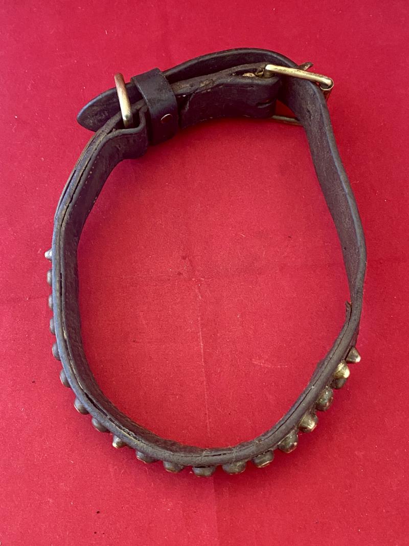 Large Antique Leather Dog Collar with Pointed Brass Studs and Blank Name Plaque