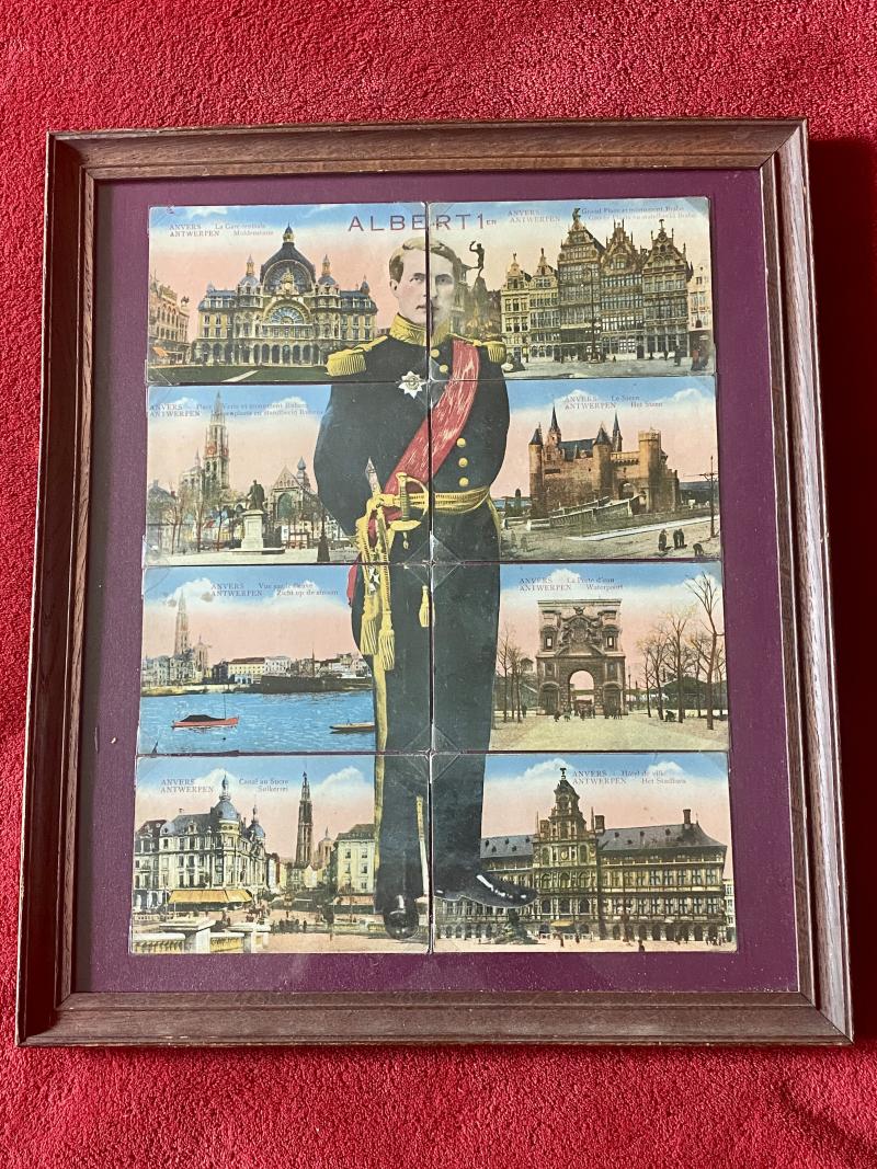 Scarce Framed Set of 8 Coloured Postcards of Landmarks of Antwerp and the Image of Albert I of Belgium