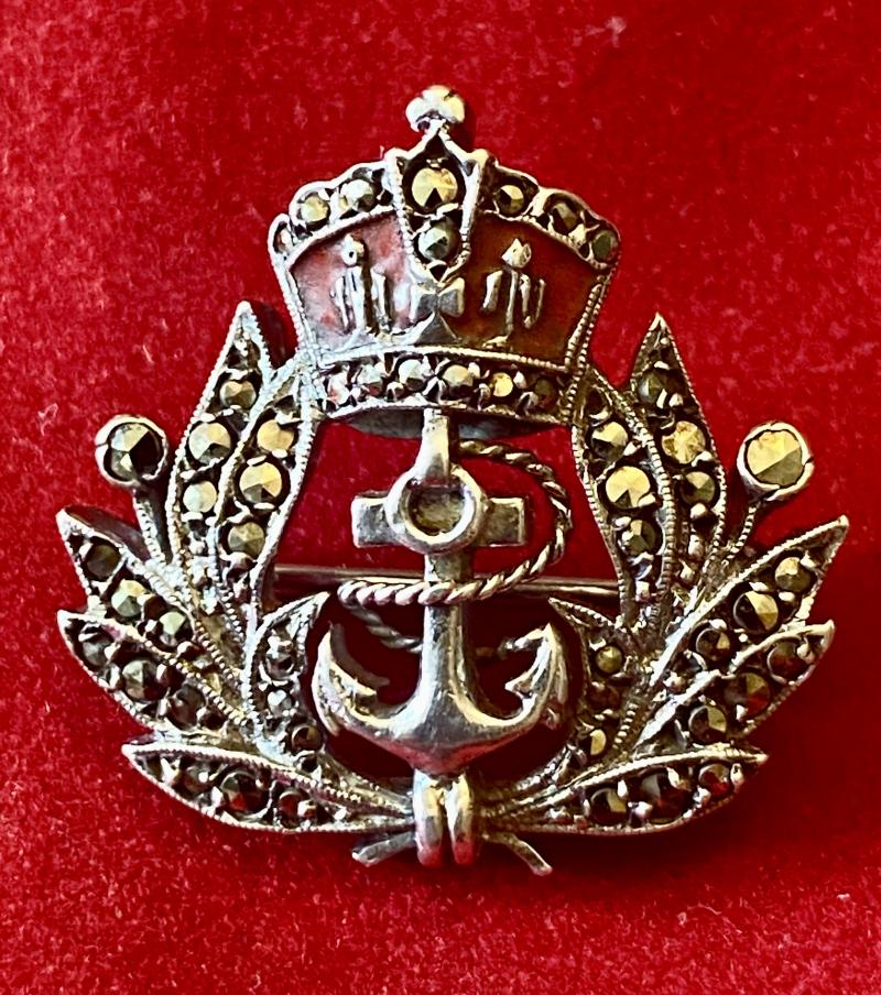Mint Silver, Enamel and Marcasite Royal Navy Sweetheart Brooch c1930