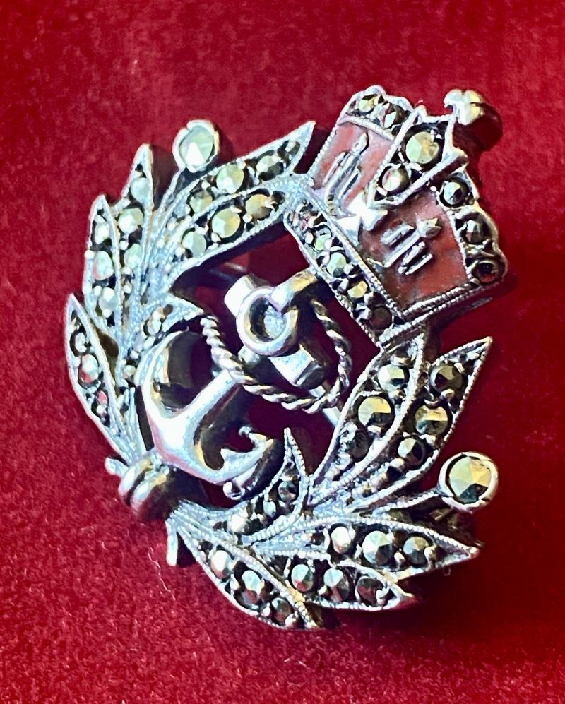 Mint Silver, Enamel and Marcasite Royal Navy Sweetheart Brooch c1930