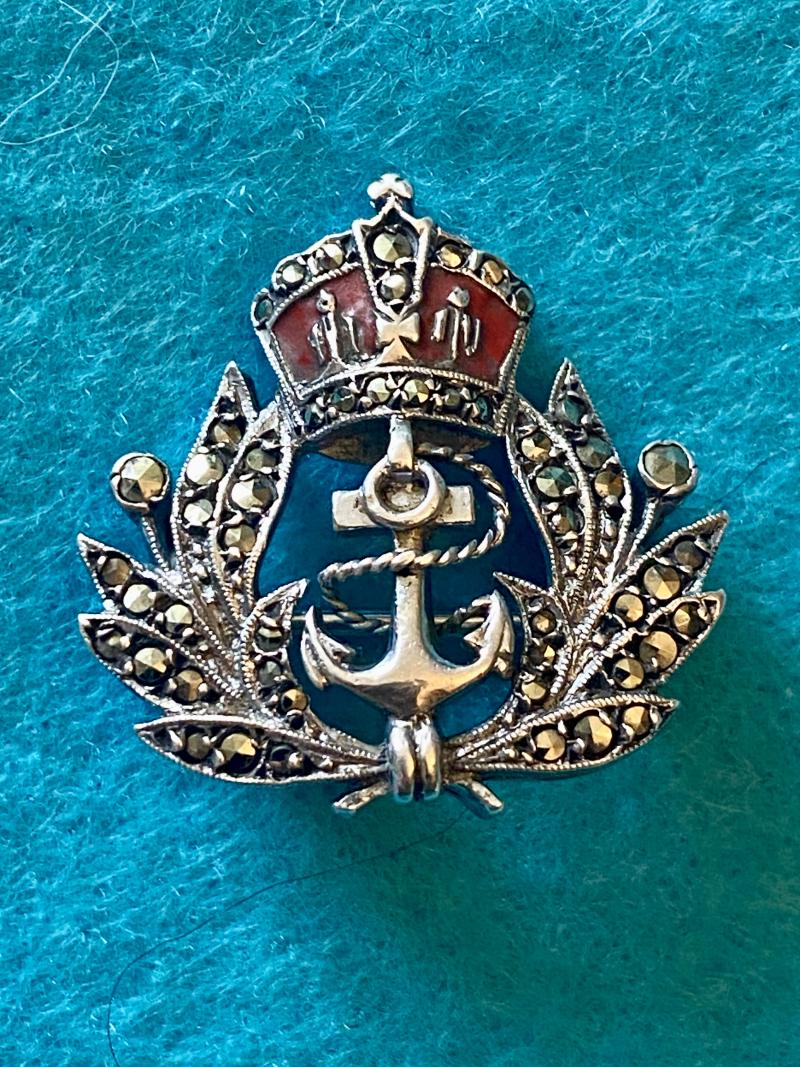 Mint Silver, Enamel and Marcasite Royal Navy Sweetheart Brooch c1930