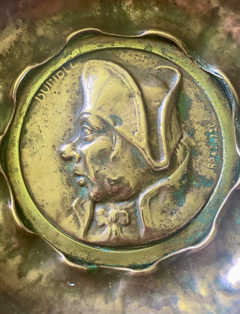Antique 5.5” Copper Dish Set with the Raised Profile of Mr Bumble from Charles Dickens Novel Oliver Twist c1886