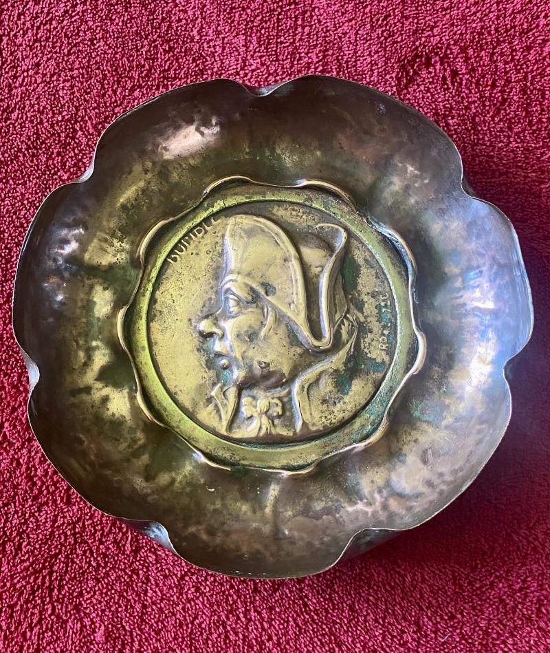 Antique 5.5” Copper Dish Set with the Raised Profile of Mr Bumble from Charles Dickens Novel Oliver Twist c1886