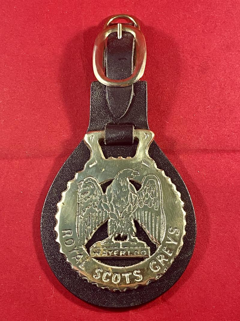 Vintage Royal Scots Greys “WATERLOO” Horse Brass with Leather Hanger and Strap