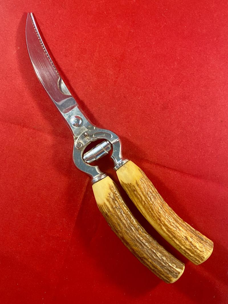 Fine Pair of Vintage Italian Chrome Plated Poultry Scissors with Stag Horn Handles by ANGESA