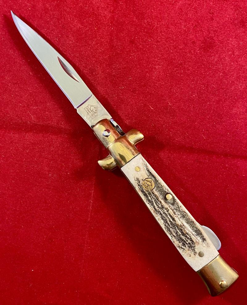 Mint PUMA TEC Stag Grip Manual Folding Stiletto Knife with 3” Blade