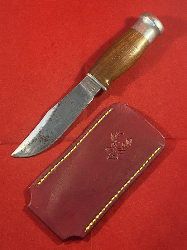 Vintage Hunting “WOODCRAFT” Knife by Wade & Butcher with 4” Blade and Custom made Leather Pocket Sheath