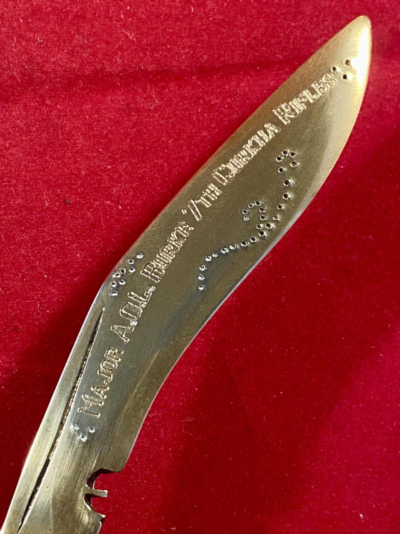 Miniature Kukri Knife with Engraved Dedication to “Major A.O.L Burke 7th Gurkha Rifles” of the Indian Army WW2