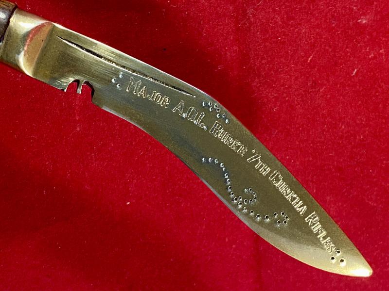 Miniature Kukri Knife with Engraved Dedication to “Major A.O.L Burke 7th Gurkha Rifles” of the Indian Army WW2