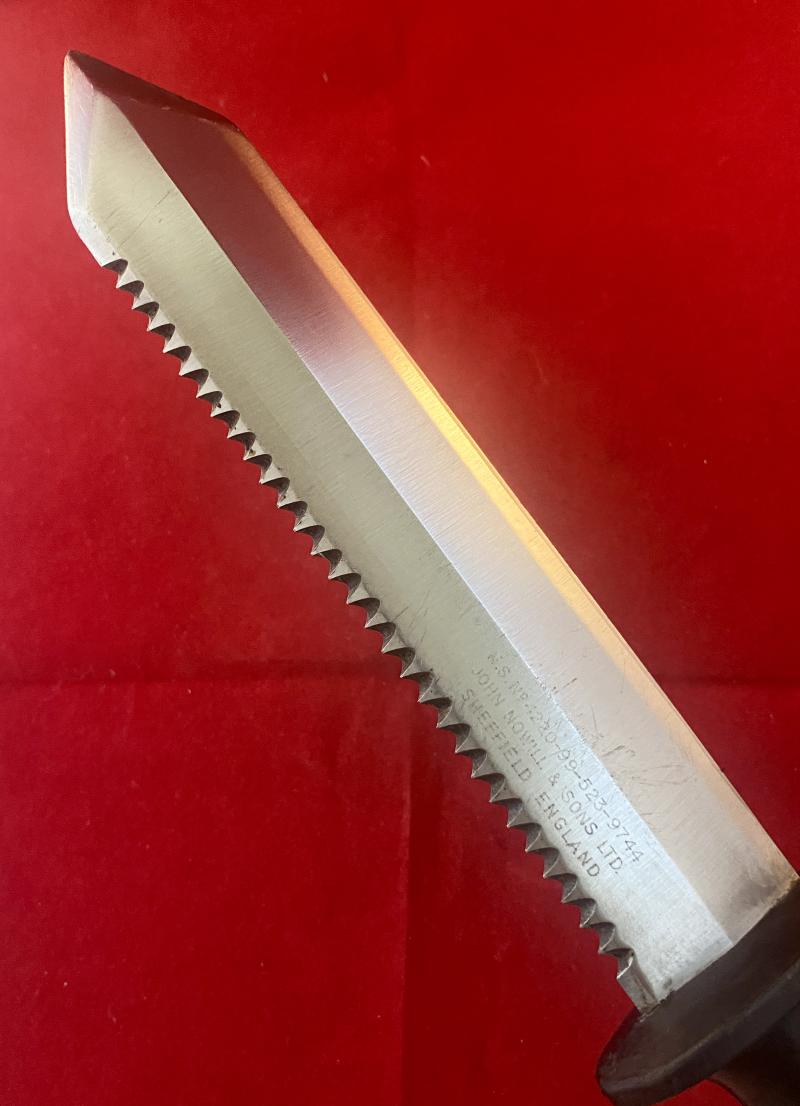 Royal Navy Divers Knife N.S. No. 4220-99-523-9744 by John Nowill & Sons Ltd with Black Plastic Sheath c1970