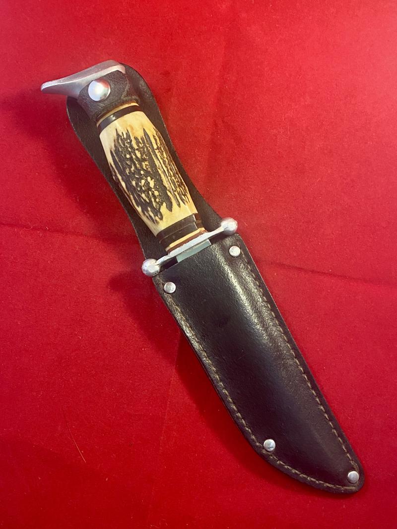 Vintage Hunting Knife with 5.25” Bowie Blade, Stag Grip and Black Leather Sheath by Hirschkrone of Solingen