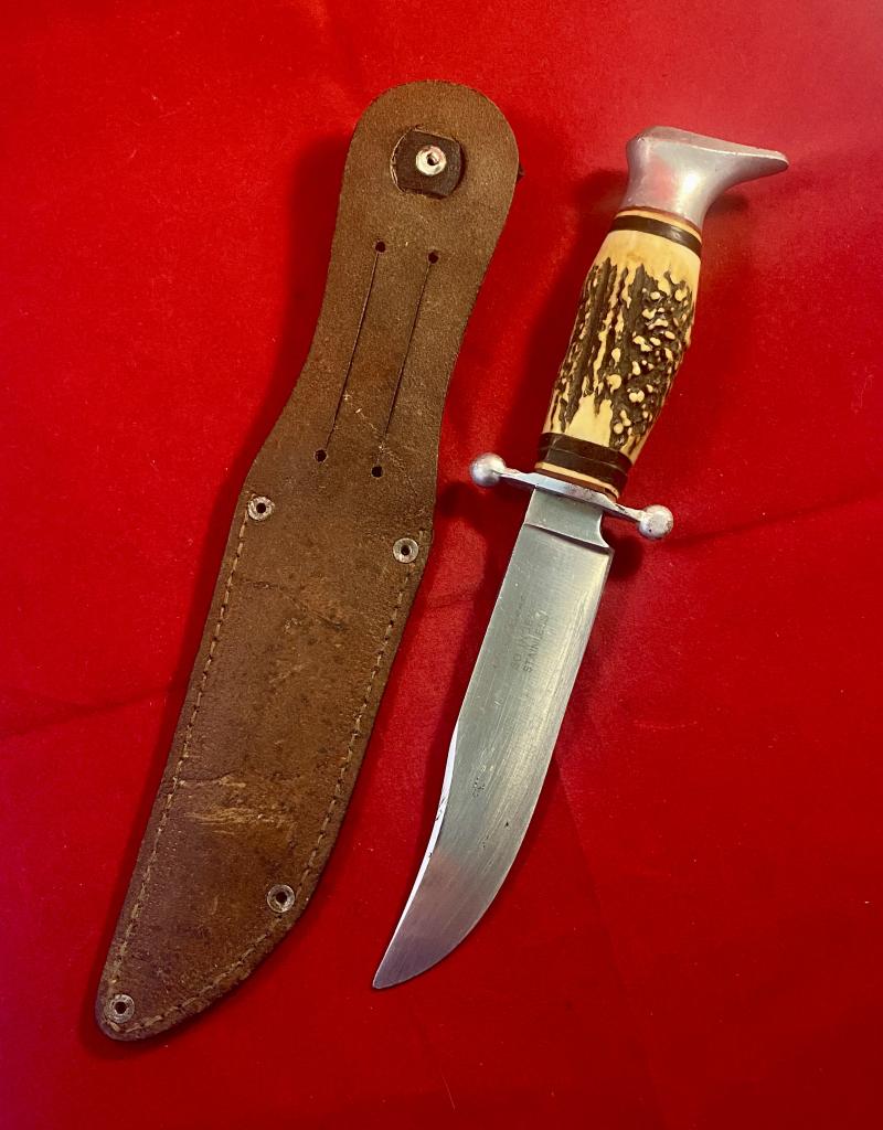Vintage Hunting Knife with 5.25” Bowie Blade, Stag Grip and Black Leather Sheath by Hirschkrone of Solingen