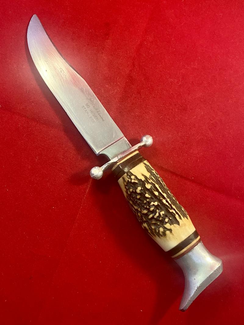 Vintage Hunting Knife with 5.25” Bowie Blade, Stag Grip and Black Leather Sheath by Hirschkrone of Solingen