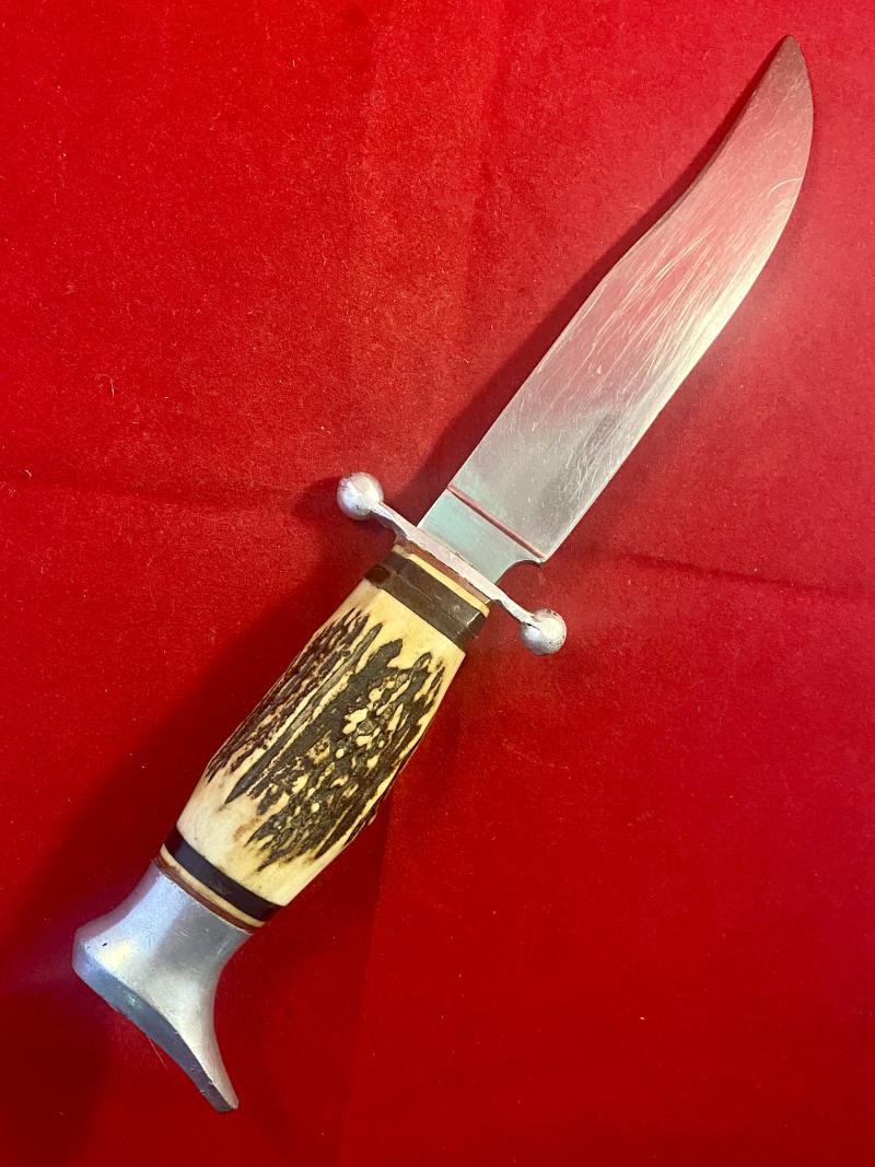 Vintage Hunting Knife with 5.25” Bowie Blade, Stag Grip and Black Leather Sheath by Hirschkrone of Solingen