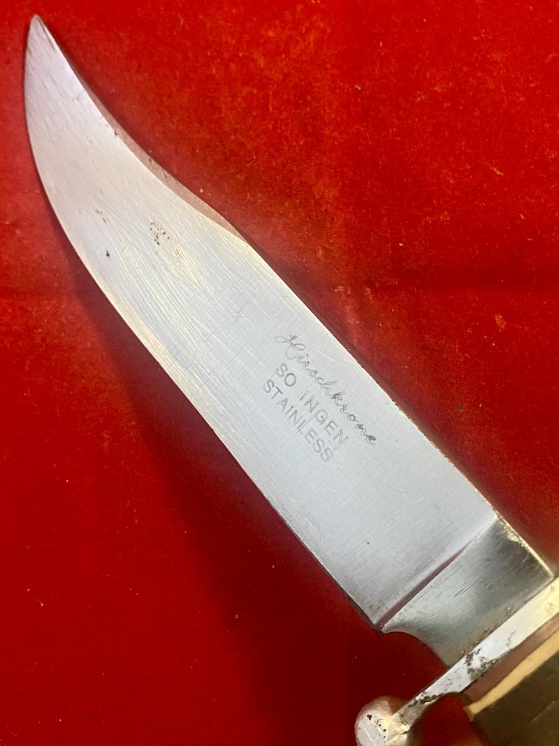 Vintage Hunting Knife with 5.25” Bowie Blade, Stag Grip and Black Leather Sheath by Hirschkrone of Solingen