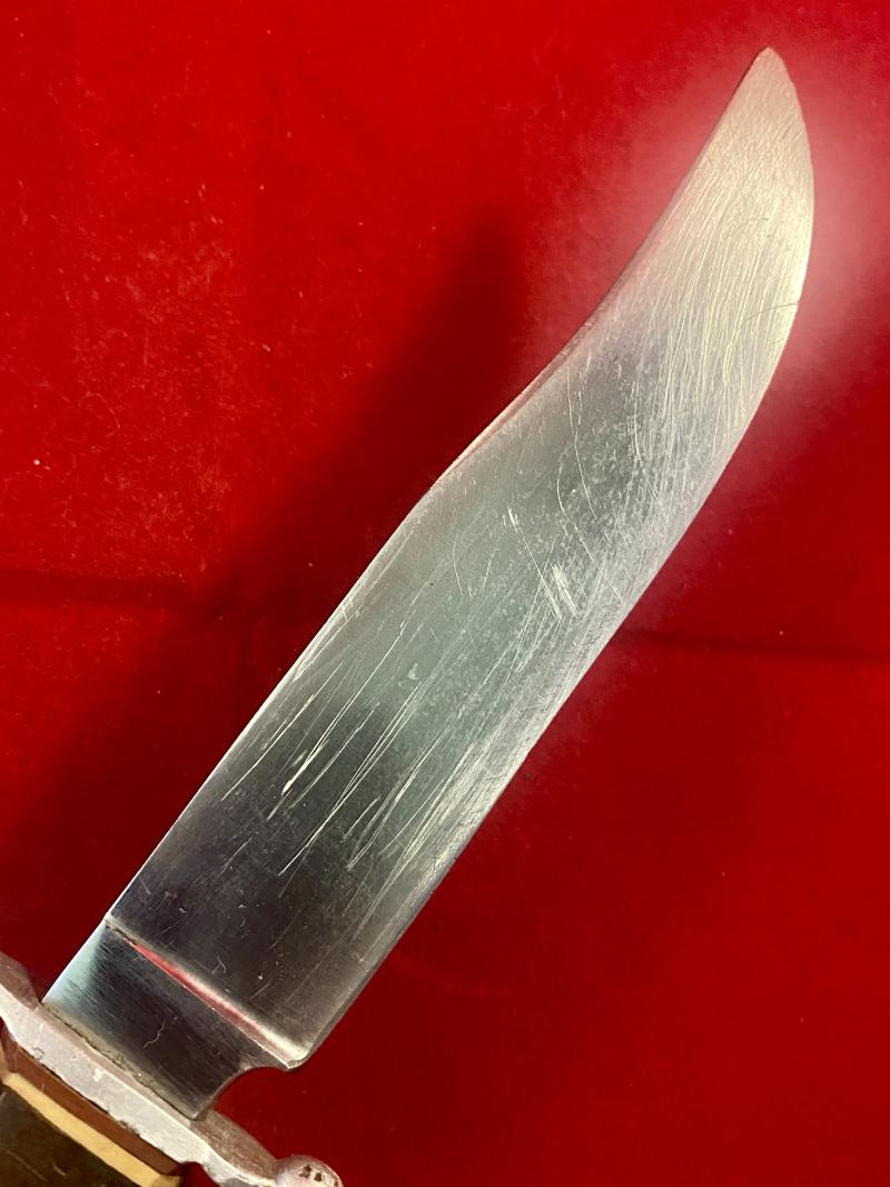Vintage Hunting Knife with 5.25” Bowie Blade, Stag Grip and Black Leather Sheath by Hirschkrone of Solingen