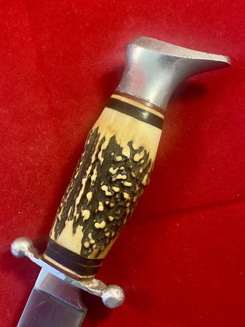 Vintage Hunting Knife with 5.25” Bowie Blade, Stag Grip and Black Leather Sheath by Hirschkrone of Solingen