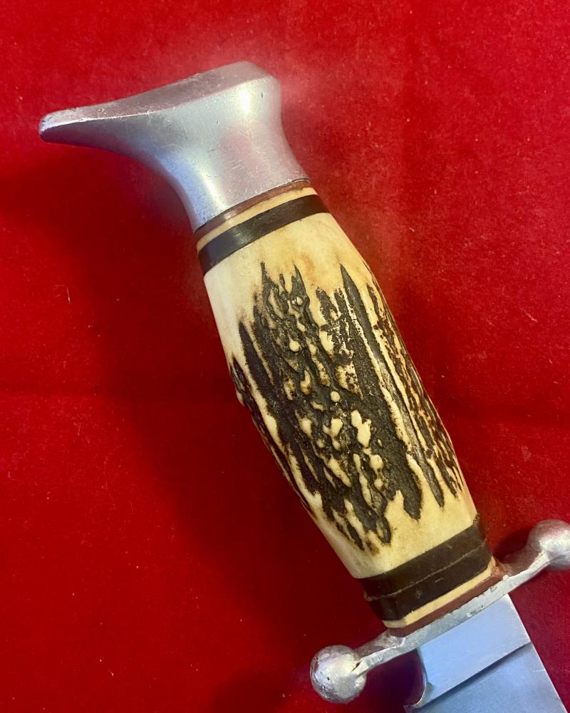 Vintage Hunting Knife with 5.25” Bowie Blade, Stag Grip and Black Leather Sheath by Hirschkrone of Solingen