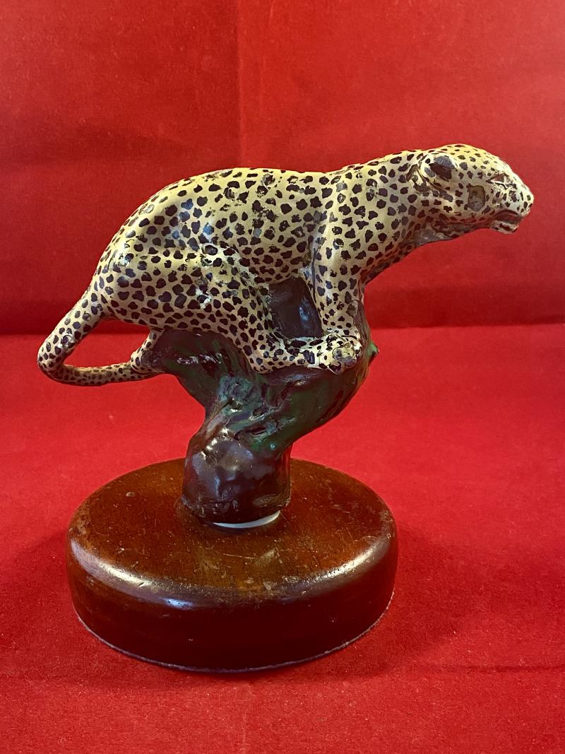 Unusual Vintage Hand Painted Jaguar Car or Panther Motorcycle Mascot Mounted on Wooden Plinth c1940