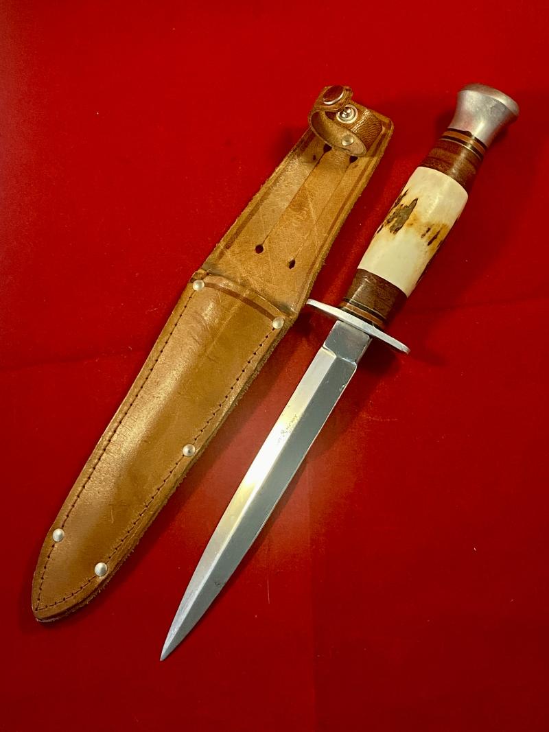 Mint Vintage Commando Style Knife by William Rodgers “I CUT MY WAY” with Stag Horn Grip and Leather Sheath c1960
