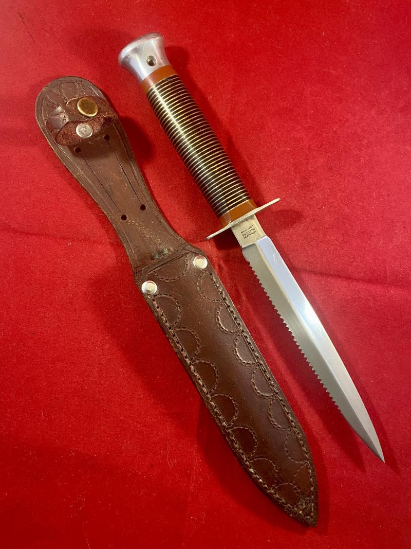 Vintage William Rodgers “I CUT MY WAY” Stiletto Knife with Serrated Blade, Stacked Brass Grip and Custom Leather Sheath