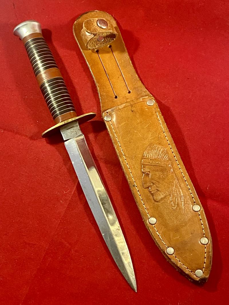 Vintage Commando Style Knife with Stiletto Blade, Stacked Brass and Leather Grip and Custom “Indian Chief” Leather Sheath