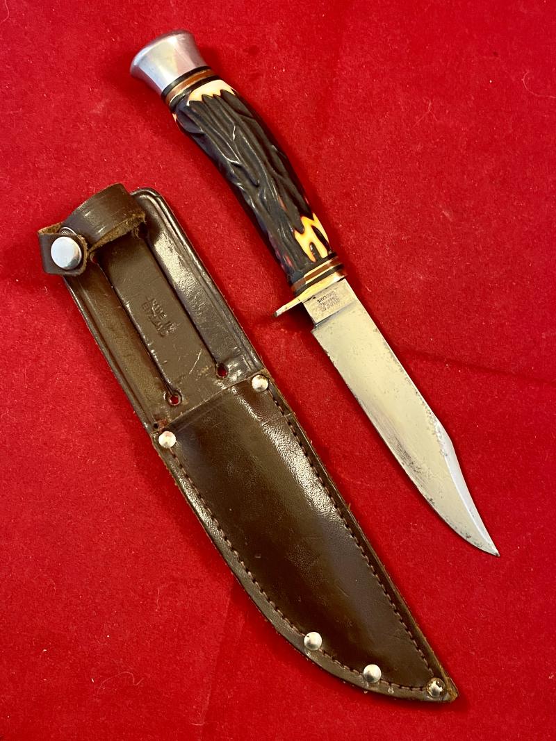 Vintage Scout Knife by William Rodgers “I CUT MY WAY” with Faux Stag Antler Grip and Original Leather Sheath