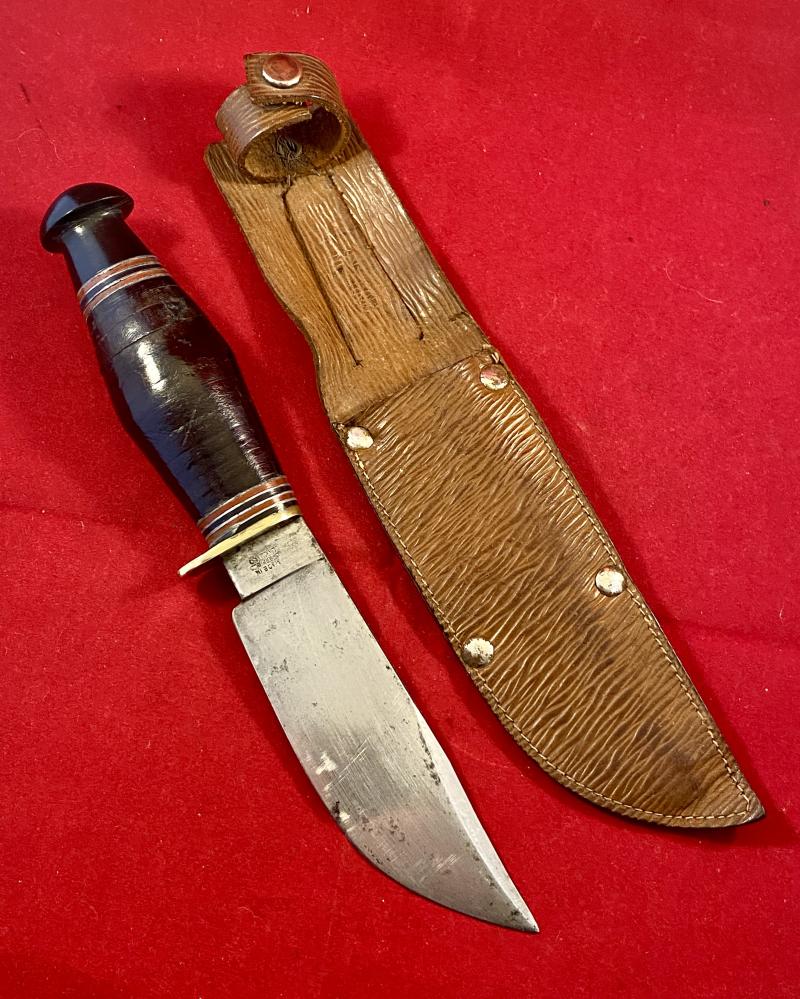 Scarce Vintage Hunting Wide Blade Bowie Knife by W.H. FAGAN & SON with Stacked Leather Grip and Leather Sheath